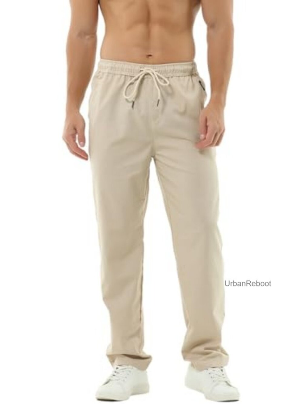 Men Linen Blend Casual Beach Trousers Drawstring Pants